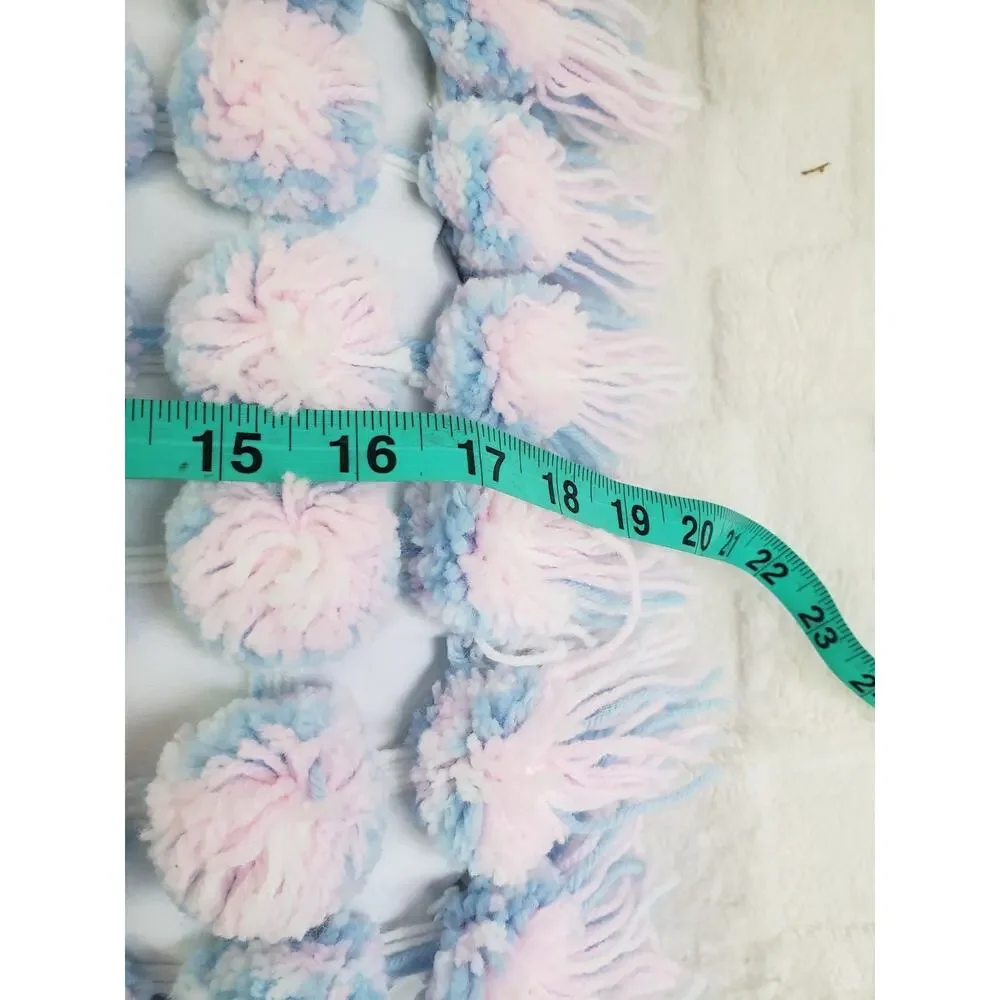 Vintage Handmade Pom-Pom Blue Pink Pillow Boho Cushion Throw Fringe Cottagecore